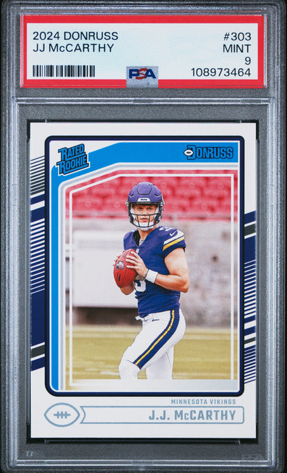 Graded 2024 Panini Donruss JJ McCarthy #303 Rookie RC Football Card PSA 9 Mint