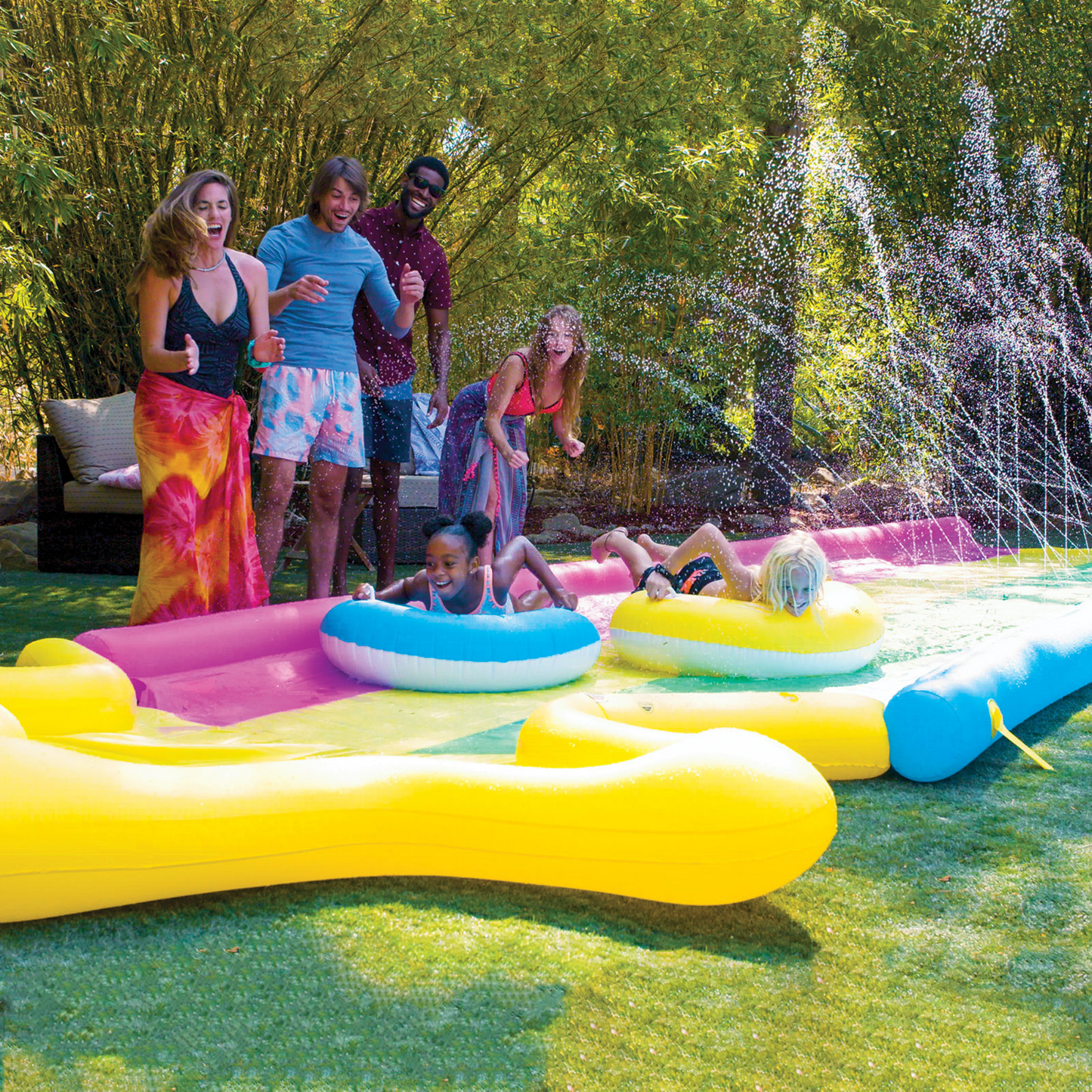 WOW Sports 40' x 8' Rainbow Star Super Slide with 2 Inflatable Sleds
