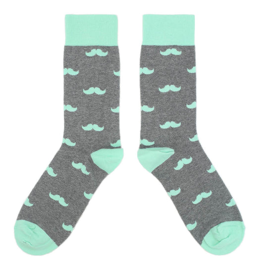 Mint Gray Mustache Wedding Groomsmen Men's Dress Socks with Matching Bow Tie