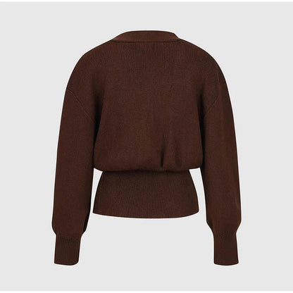 Deep V Button Cardigan - Polyester Knit Statement Sweater