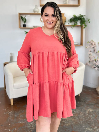 Full-Size V-Neck Balloon Sleeve Tiered Dress with Pockets