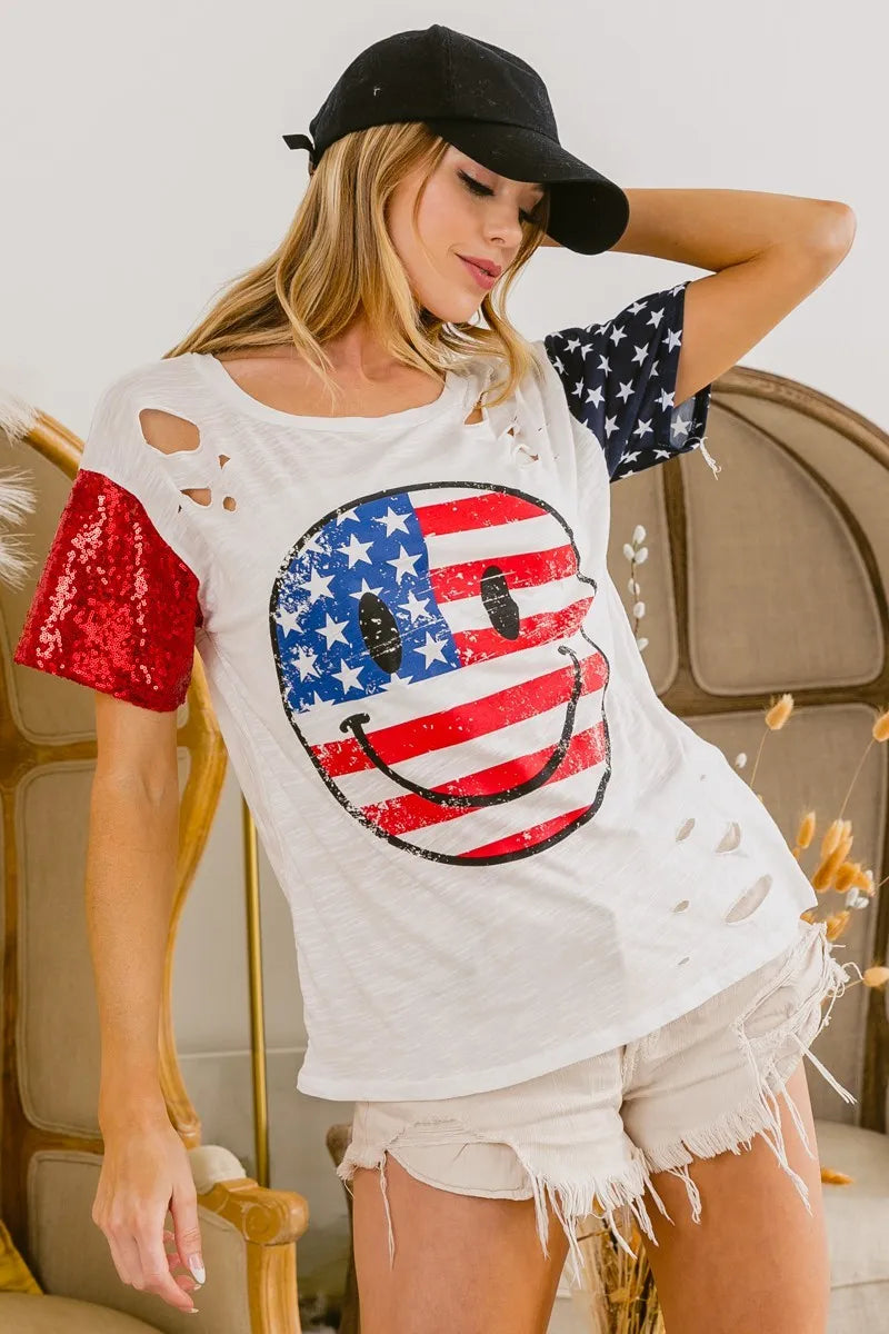 BiBi Fourth Of July Top With Laser Cut And Smile Face