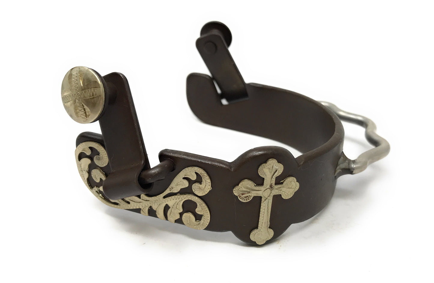 AJ Tack Men's Antique Brown Bumper Spurs with Silver Cross and Floral Engraving