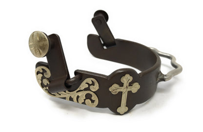 AJ Tack Men's Antique Brown Bumper Spurs with Silver Cross and Floral Engraving