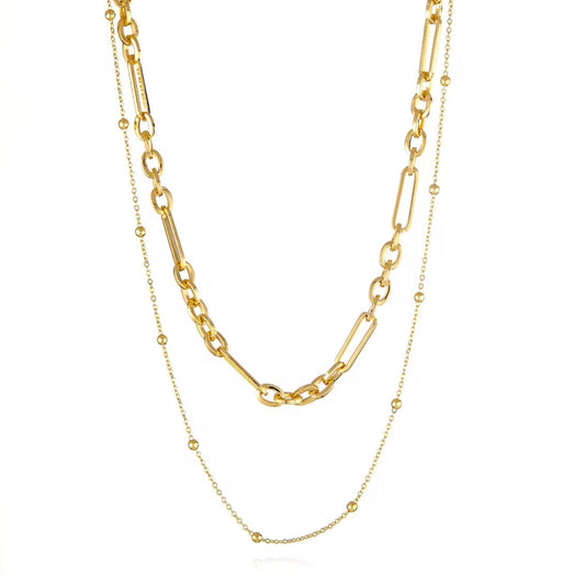 Double Layered Charm Bar Necklaces - Mixed Link 18k