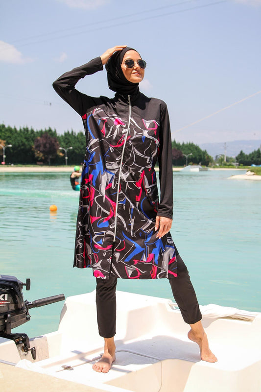 Woven Black Burkini Modest Swimwear M2266