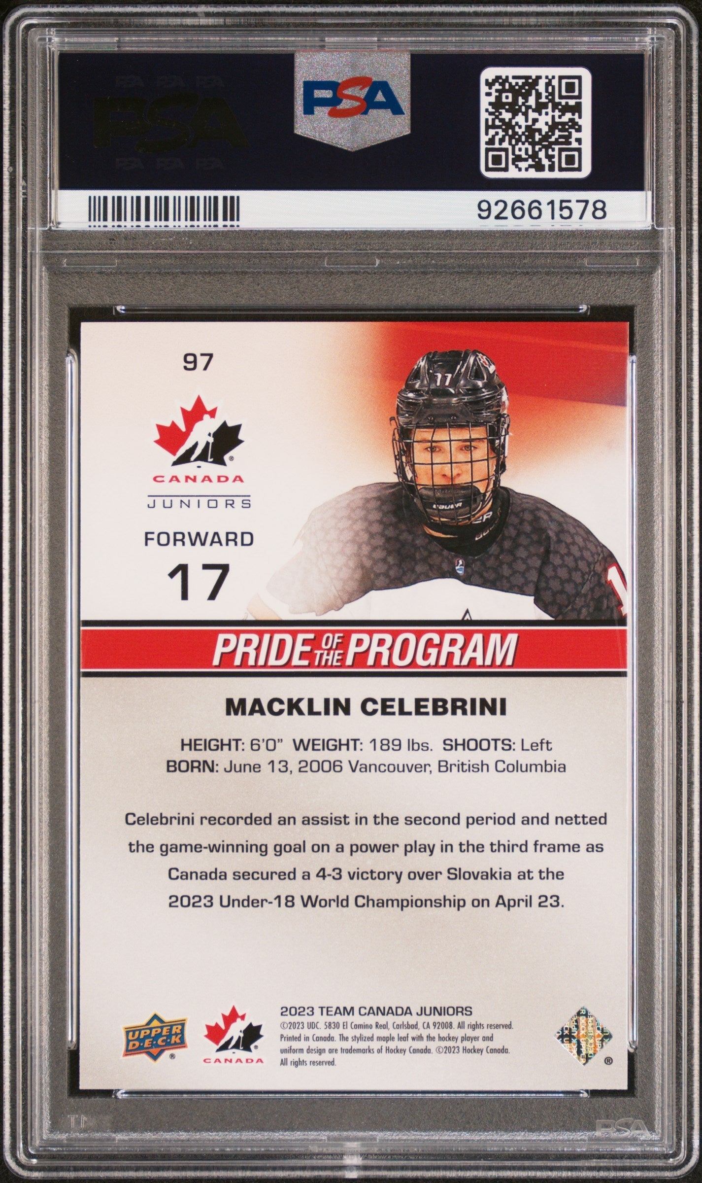 Graded 2023 Upper Deck Team Canada Juniors Macklin Celebrini #97 Rookie RC Hockey Card PSA 10 Gem Mint