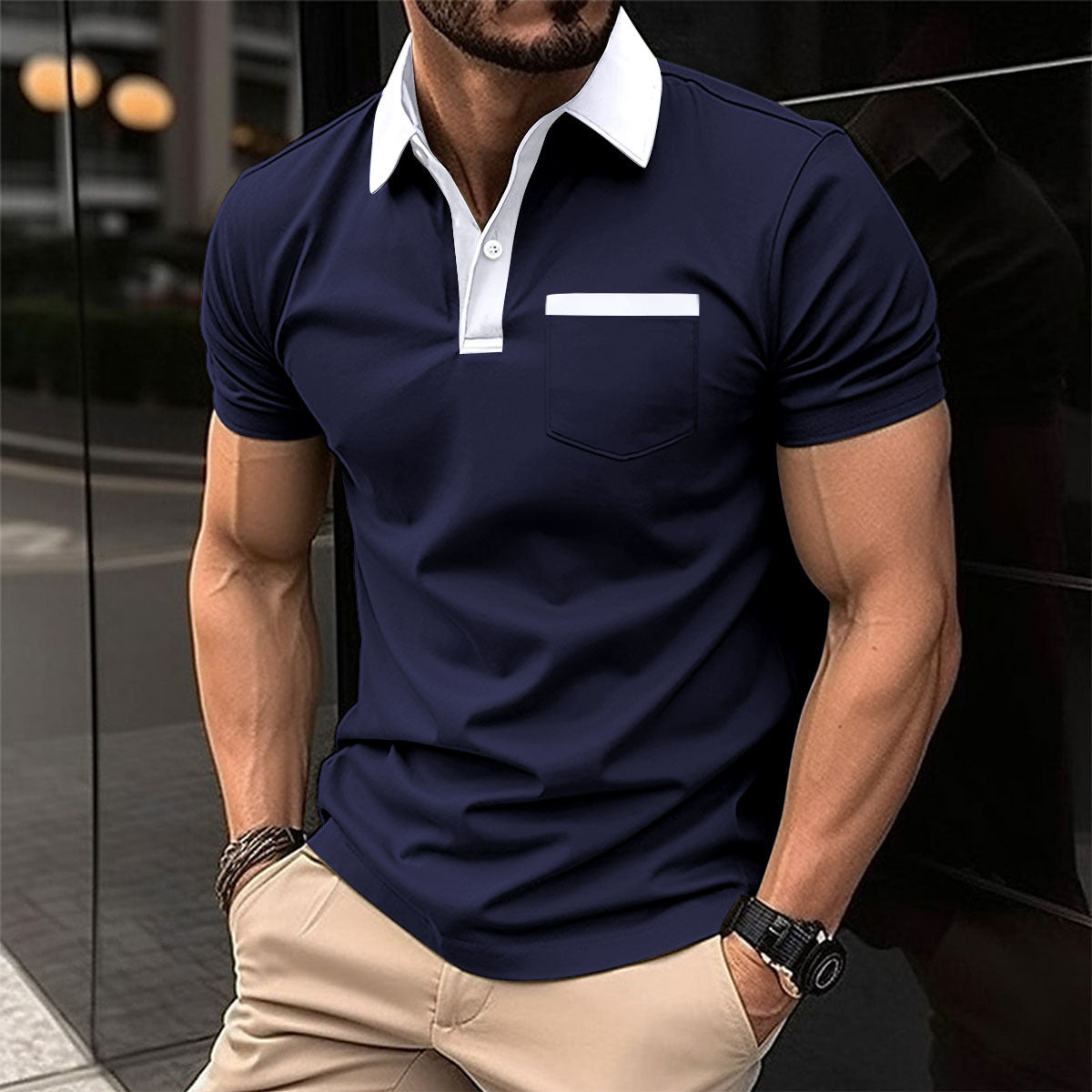 Men's Cotton Blend Polo Shirt - Slim Fit Lapel Collar Short Sleeve
