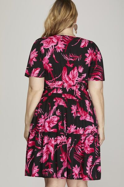 She Sky Full Size Printed Notched Short Sleeve Frill Tiered Dress Plus Size