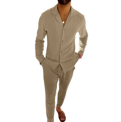 Men's Cotton Long Sleeve Lapel Shirt & Slim Fit Pants Set