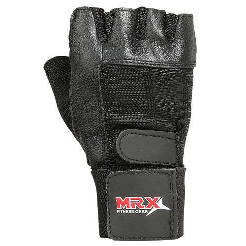 MRX Weight Lifting Gloves With Long Wrist Strap Genuine Leather Black All Sizes - Triathlete Store
