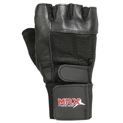 MRX Weight Lifting Gloves With Long Wrist Strap Genuine Leather Black All Sizes - Triathlete Store