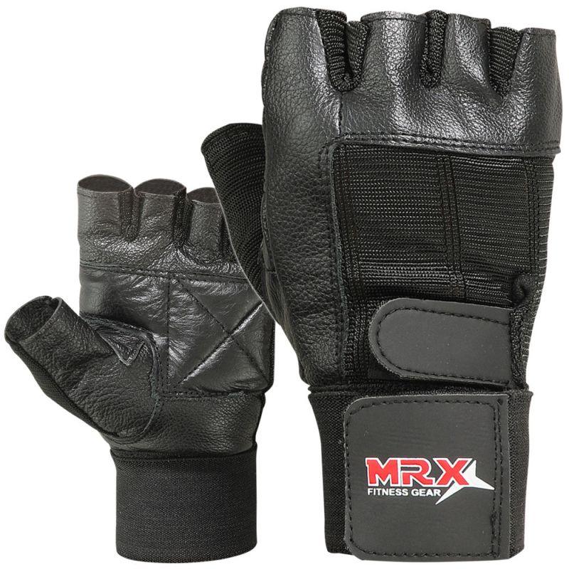 MRX Weight Lifting Gloves With Long Wrist Strap Genuine Leather Black All Sizes - Triathlete Store