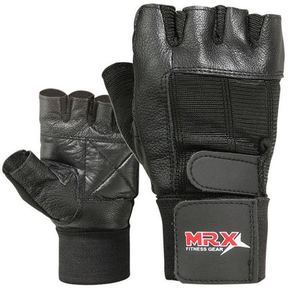MRX Weight Lifting Gloves With Long Wrist Strap Genuine Leather Black All Sizes - Triathlete Store