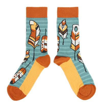 Teal Red Feathers Women's Dress Socks