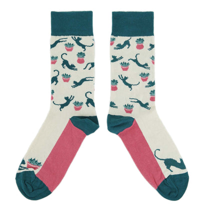 Cream Teal Cat Socks - Women's Novelty Socks