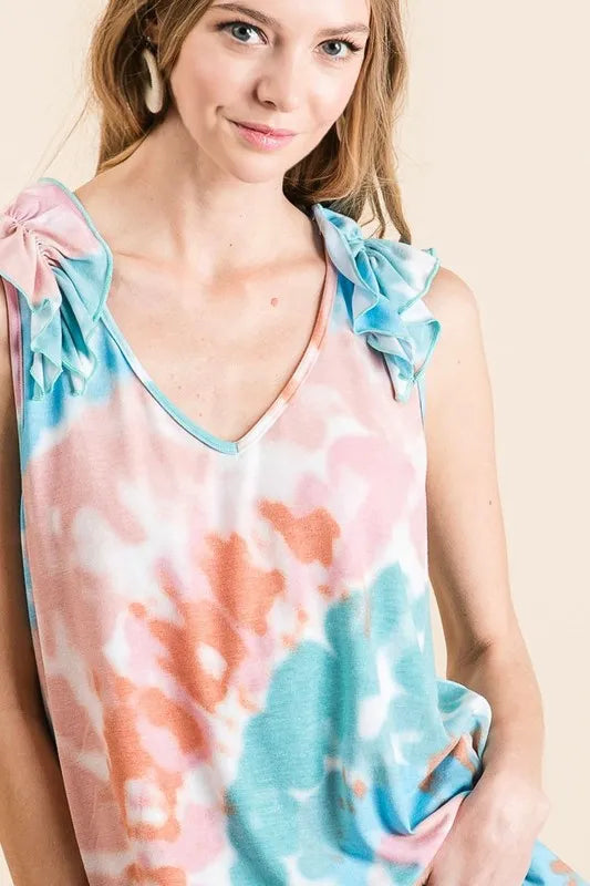 BiBi Circular Tie Dye Knit V Neck Top With Ruffle