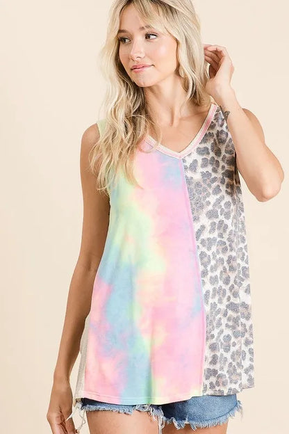 BiBi Sleeveless Print Mix Front Top with Contrast