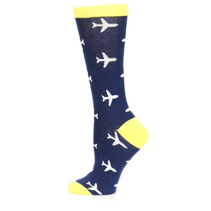 Navy Yellow Airplane Pattern Women's Dress Socks