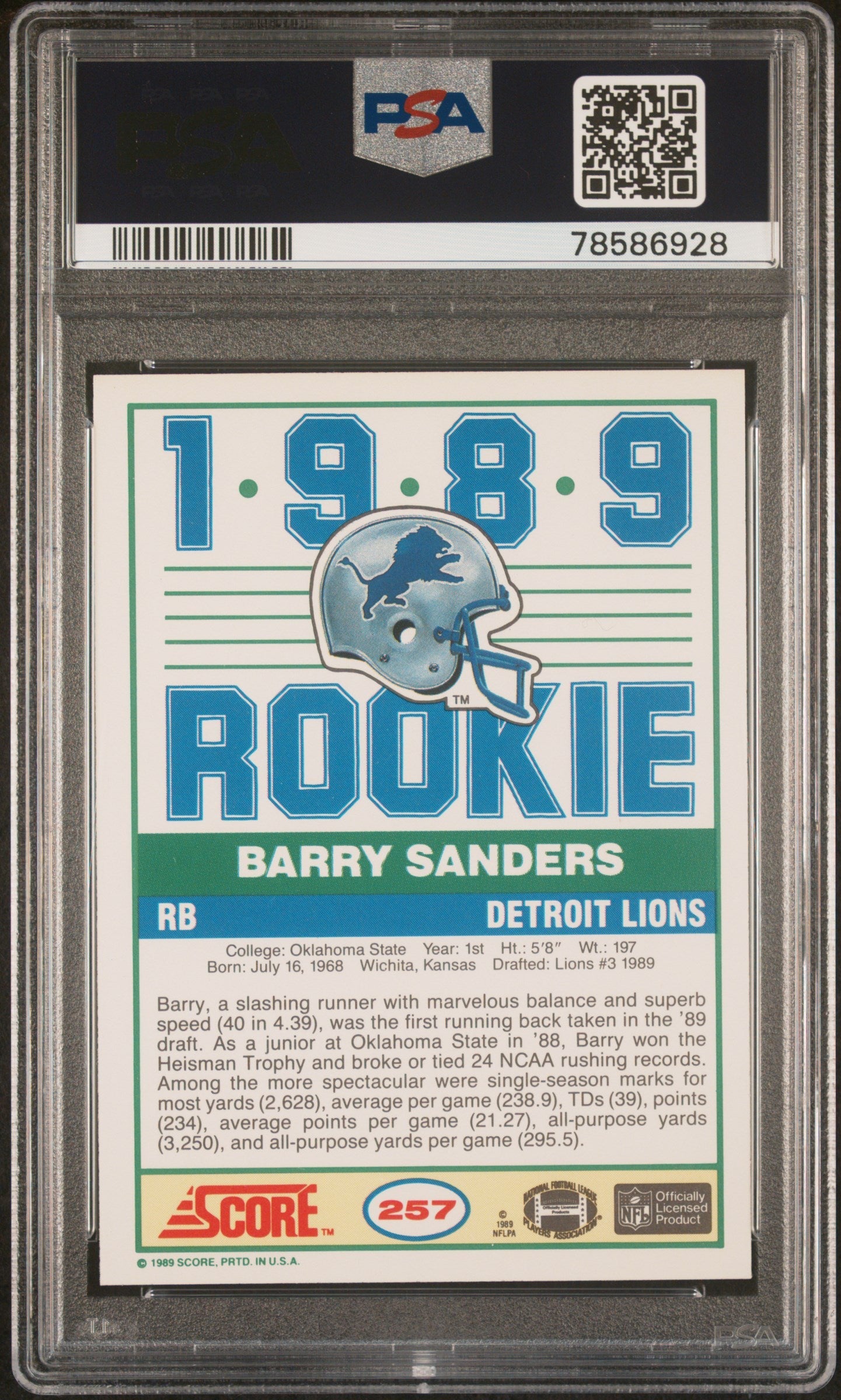 Graded 1989 Score Barry Sanders #257 Rookie RC Football Card PSA 9 Mint