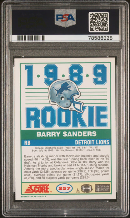 Graded 1989 Score Barry Sanders #257 Rookie RC Football Card PSA 9 Mint