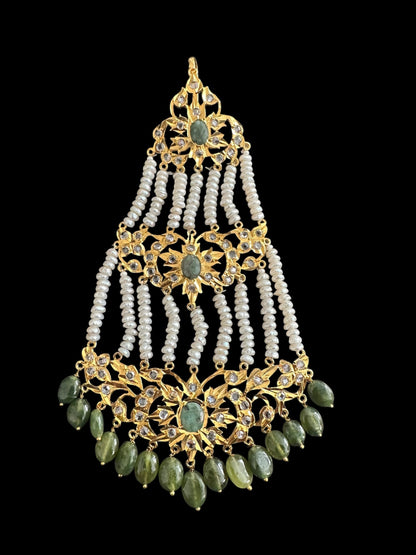 JTK11 Insha hyderabadi jhoomar tika in emeralds and fresh water pearls ( READY TO SHIP )