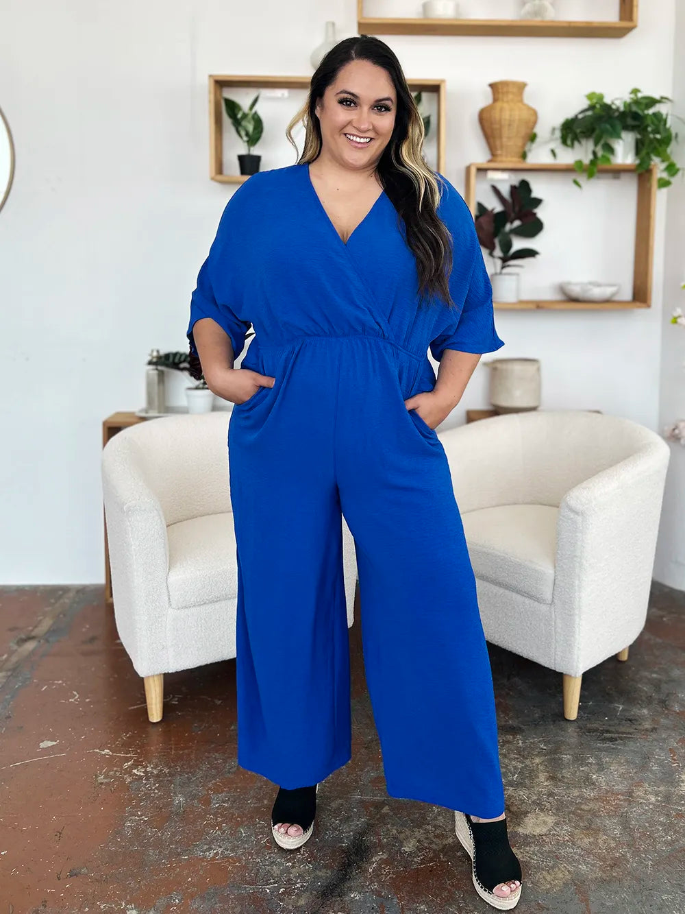 Full Size Surplice Wide Leg Jumpsuit with Pockets