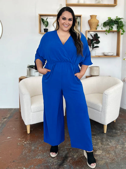 Full Size Surplice Wide Leg Jumpsuit with Pockets