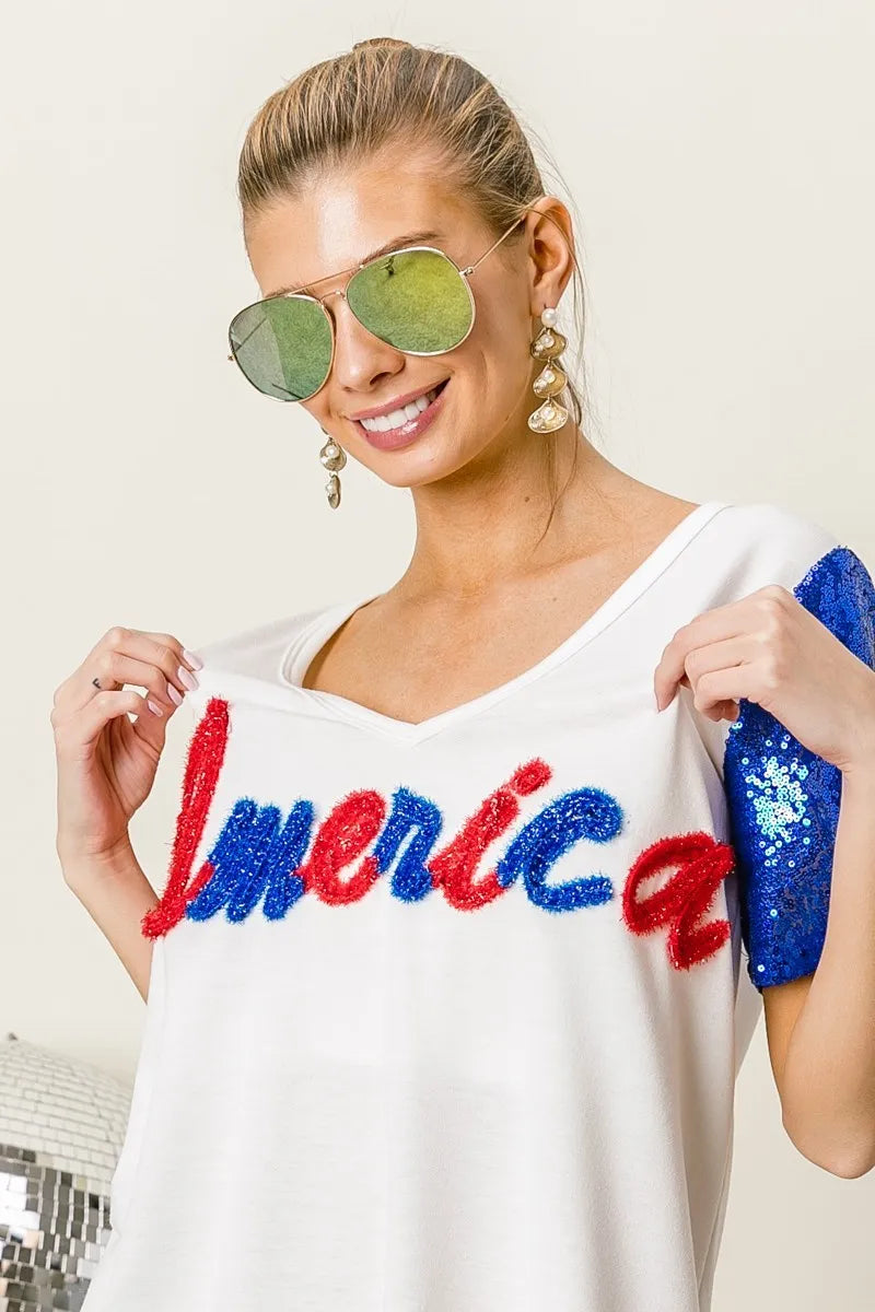 BiBi Metallic Letter V-neck Sequin Sleeves Top