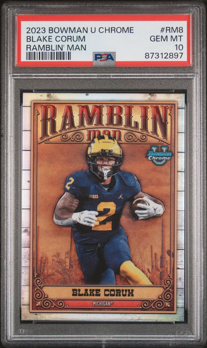 Graded 2023 Topps Bowman U Chrome Blake Corum #RM8 Ramblin Man Rookie RC Football Card PSA 10 Gem Mint