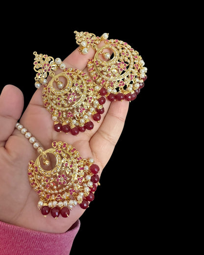 Dafiya ruby pearl Chandbali Earrings & Tika Set | Ships in 4 weeks | Deccan Jewelry
