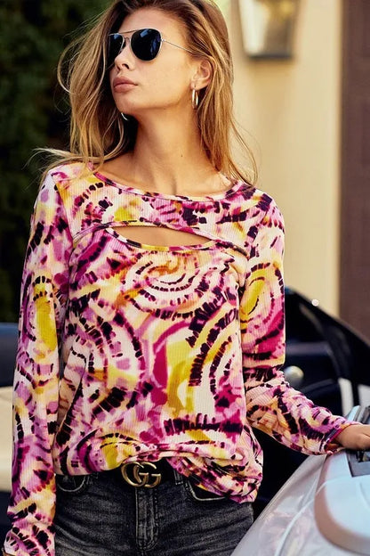 BiBi Print Tie Dye Rib Knit Top With Cut Out Neck
