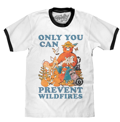 Smokey Bear Only You Can Prevent Wildfires Ringer T-Shirt - White and Black