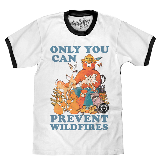 Smokey Bear Only You Can Prevent Wildfires Ringer T-Shirt - White and Black