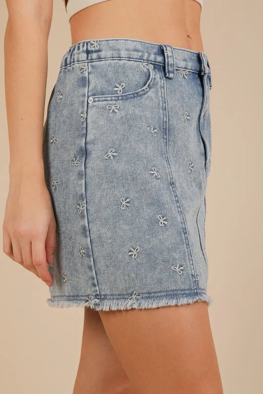 VERY J Bow Printed Casual Denim Mini Skirt