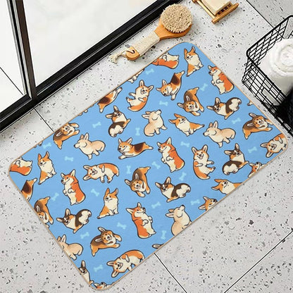 Jolly Corgis in Blue  Rapid-Drying Bath Mat
