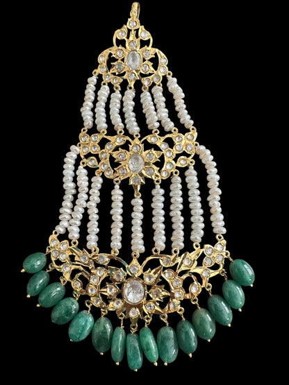 JTK19 Insha hyderabadi jhoomar tika in emeralds and fresh water pearls ( SHIPS IN 2 WEEKS )