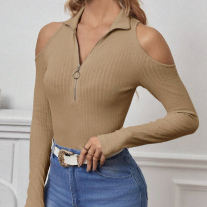 Polyester Cold Shoulder Zip Collar Top - Slim Fit Off Shoulder