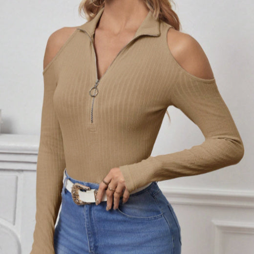 Polyester Cold Shoulder Zip Collar Top - Slim Fit Off Shoulder
