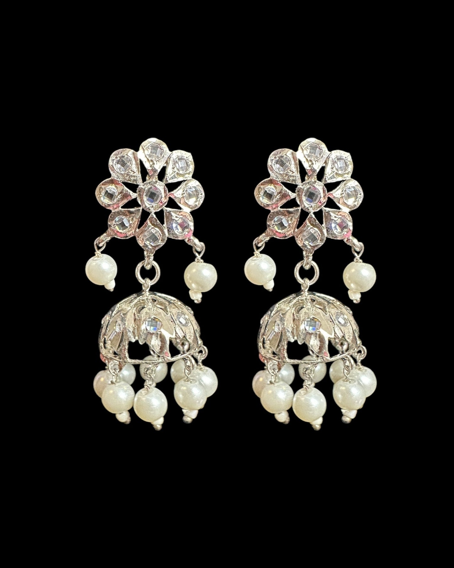 DER753 silver plated jhumka in flower tops ( READY TO SHIP)