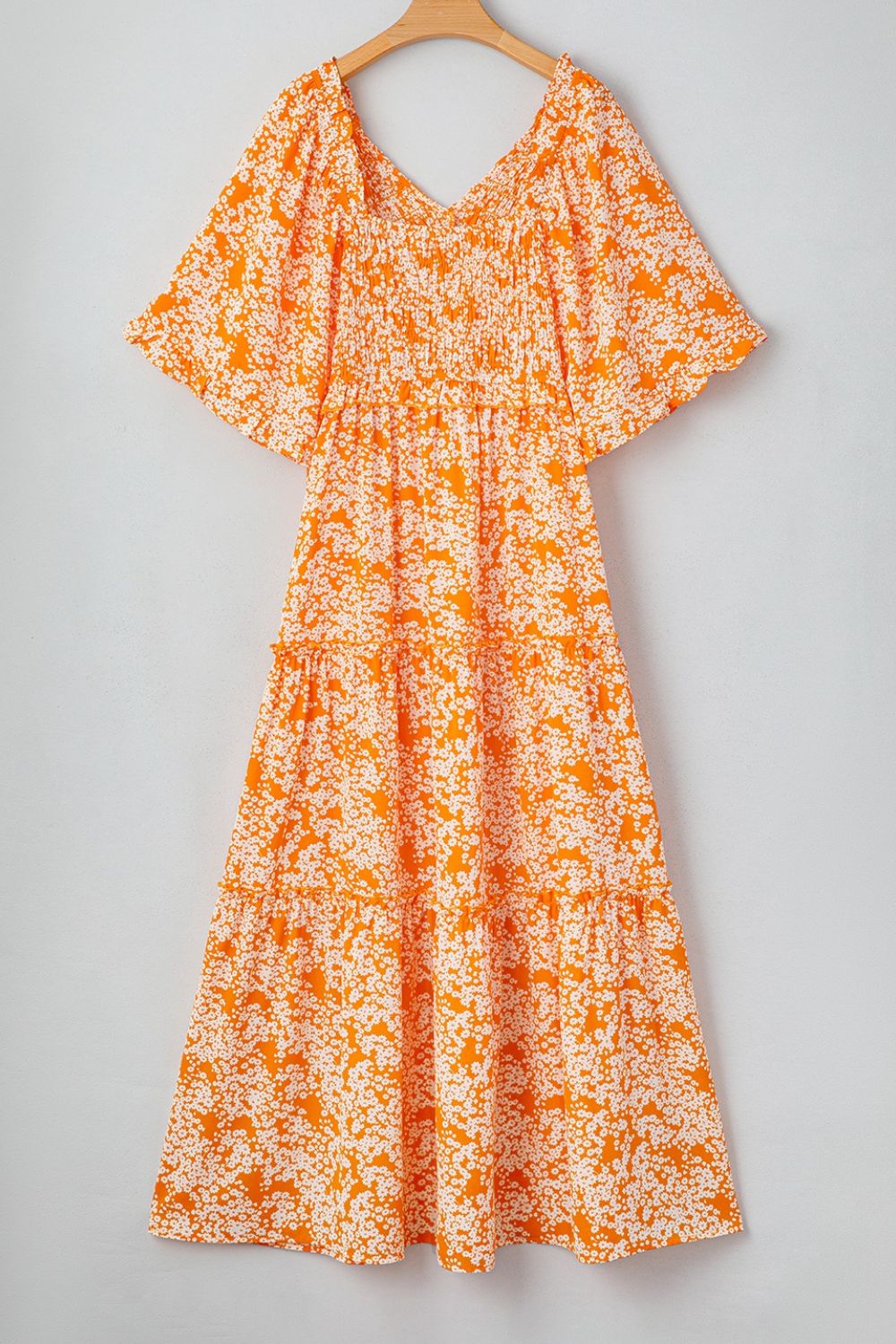 Floral Print Smocked V Neck Wide Sleeve Maxi Dress