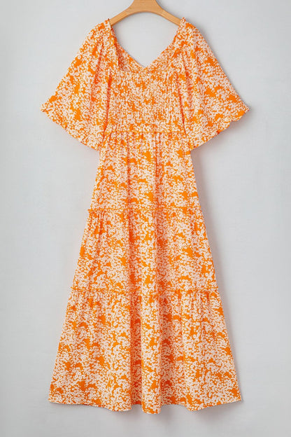 Floral Print Smocked V Neck Wide Sleeve Maxi Dress