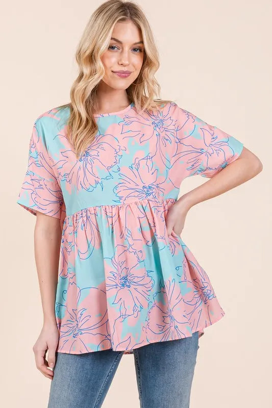 BOMBOM Floral Babydoll Tunic Top