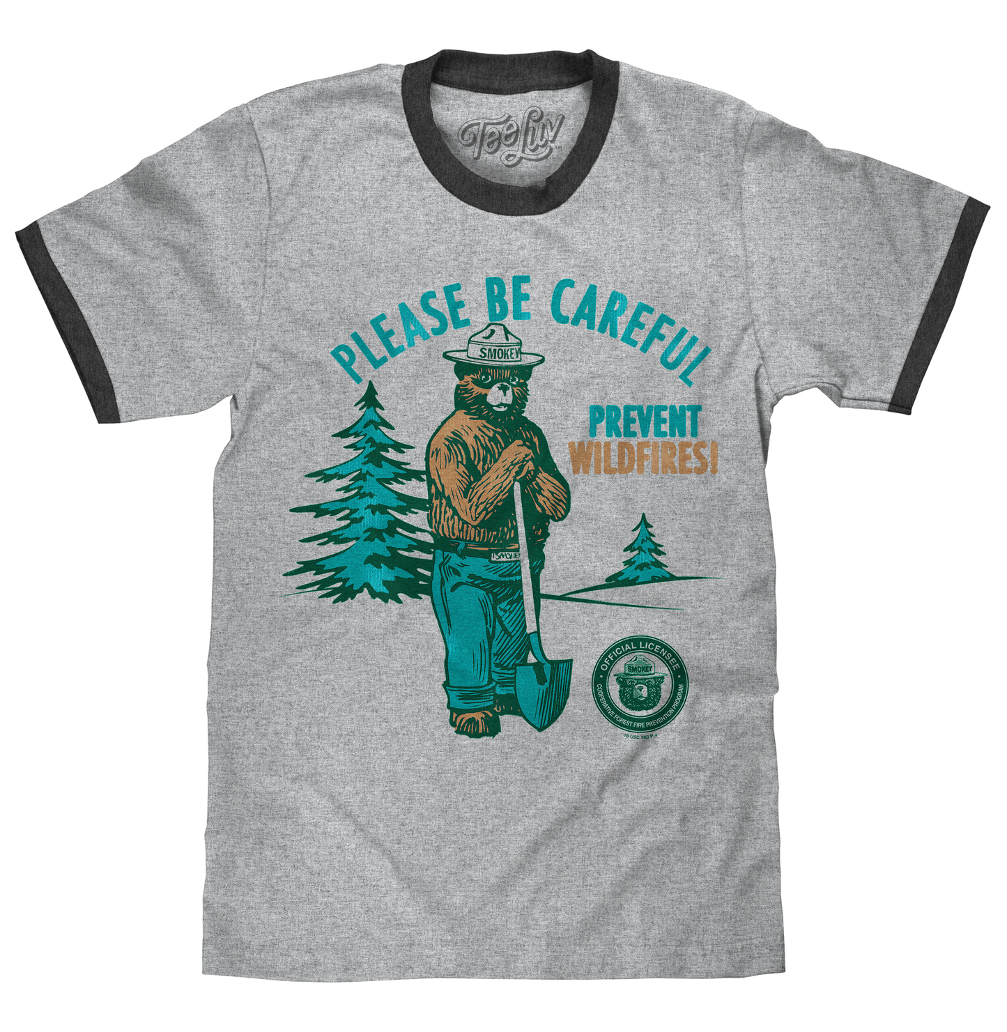 Smokey Bear Please Be Careful Prevent Wildfires Ringer T-Shirt - Gray and Black
