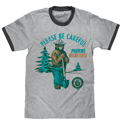 Smokey Bear Please Be Careful Prevent Wildfires Ringer T-Shirt - Gray and Black