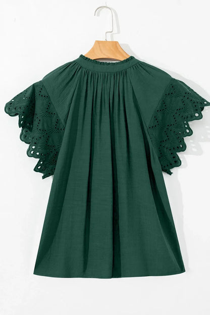 Eyelet Embroidered Sleeve Tie Neck Blouse