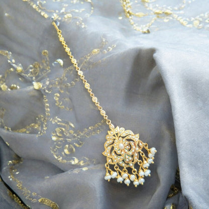 Gold plated silver tikka in fresh water pearls ( READY TO SHIP )