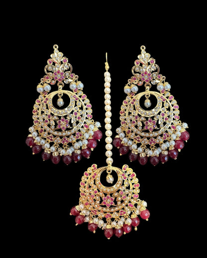Dafiya ruby pearl Chandbali Earrings & Tika Set | Ships in 4 weeks | Deccan Jewelry