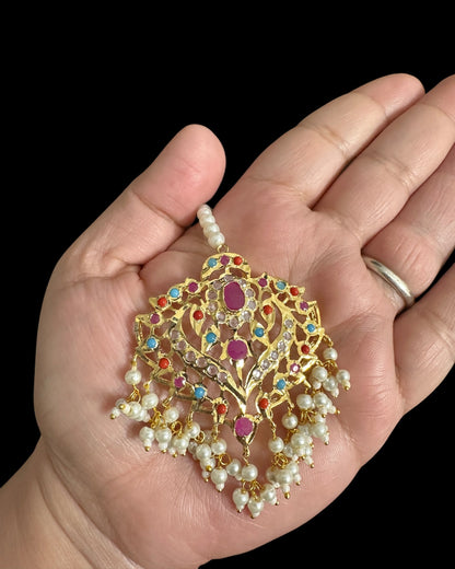DJTK359 Ekta Gold-Plated Polki Tikka in multicolor & Shell Pearls  ( READY TO SHIP )