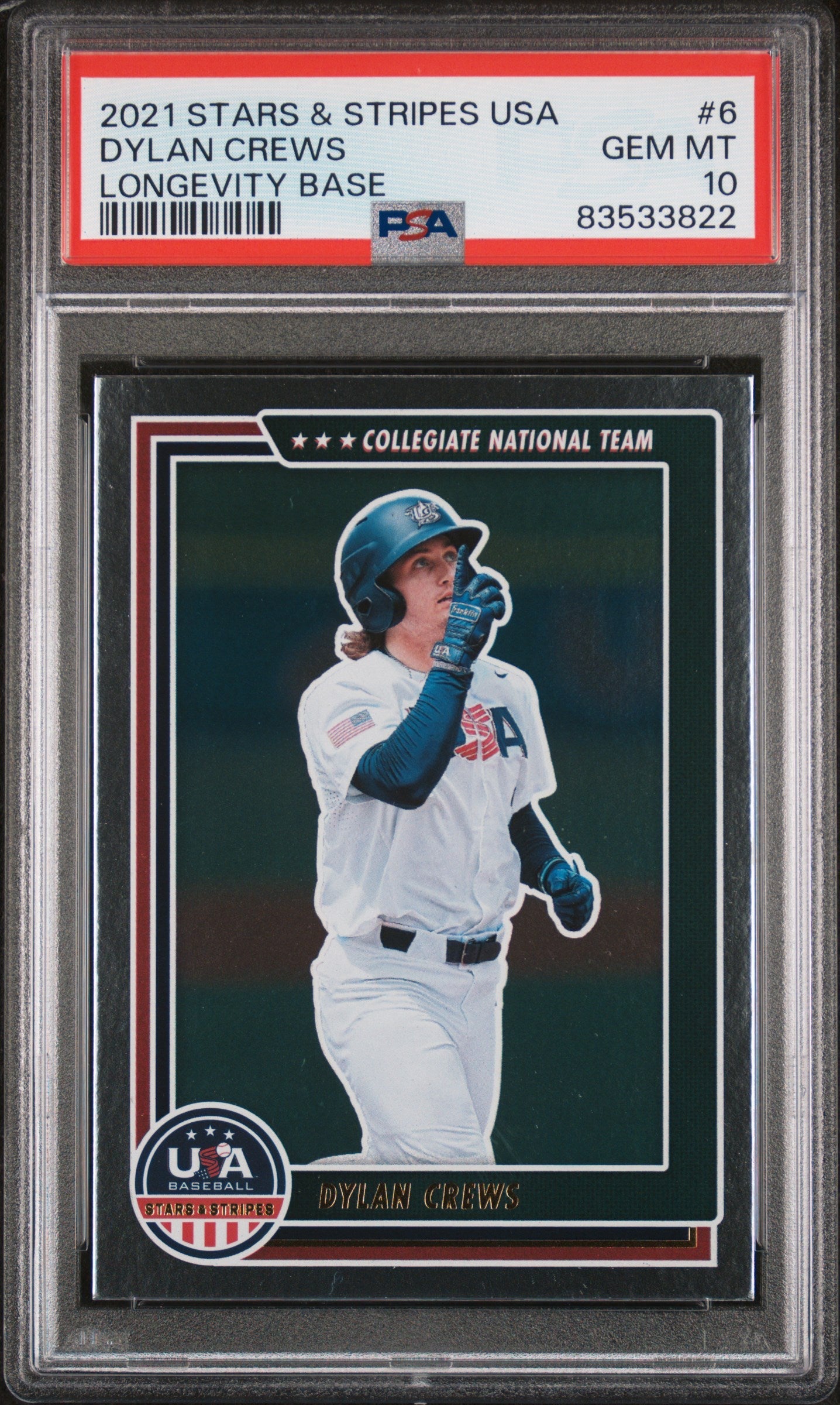 Graded 2021 Panini Stars & Stripes USA Dylan Crews #6 Longevity Base Rookie RC Baseball Card PSA 10 Gem Mint
